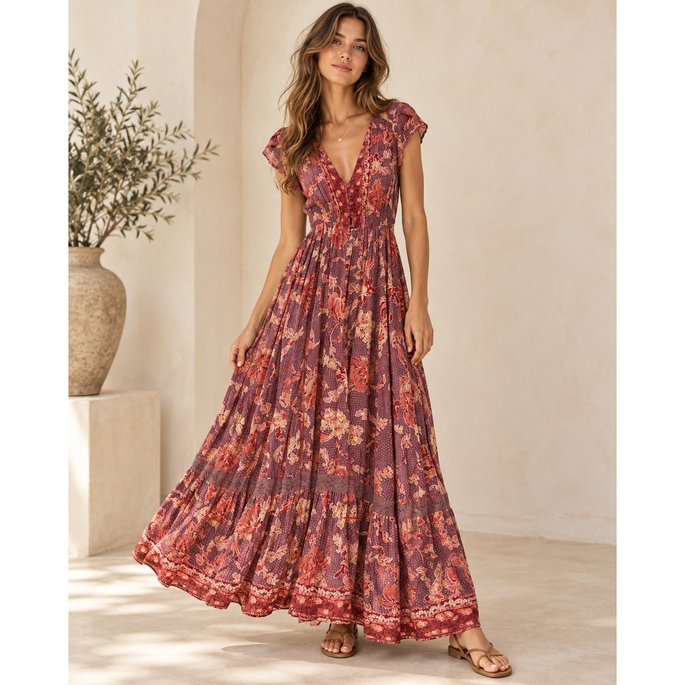 Jaase Floral V-Neck Maxi Dress Plum Red Boho Tiered Lace Flutter Sleeve Medium
